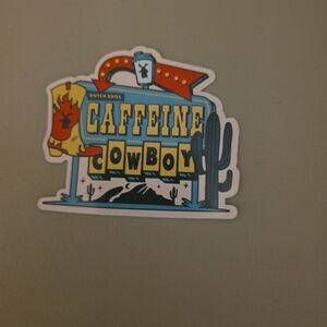 Dutch Bros Caffeine Cowboy Sticker - Blue, Yellow, Red, Black